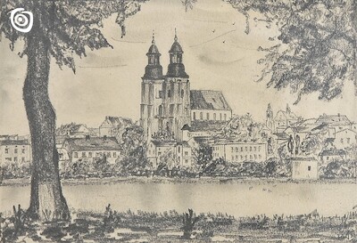 ,,Panorama Gniezna z katedrą", nieokreślony rysownik o inicjałach J. J., Gniezno, XIX-XX w.