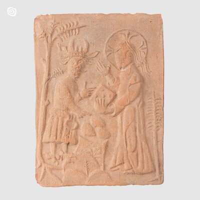 Kafel ze sceną kuszenia Chrystusa przez Diabła, Gniezno, XV w.