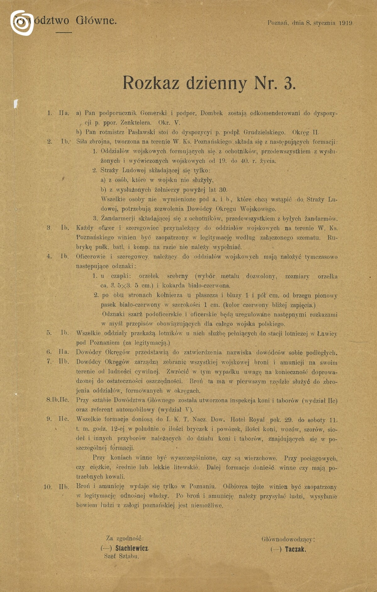 Dokument, Rozkaz dzienny, Gniezno, 1919 r.