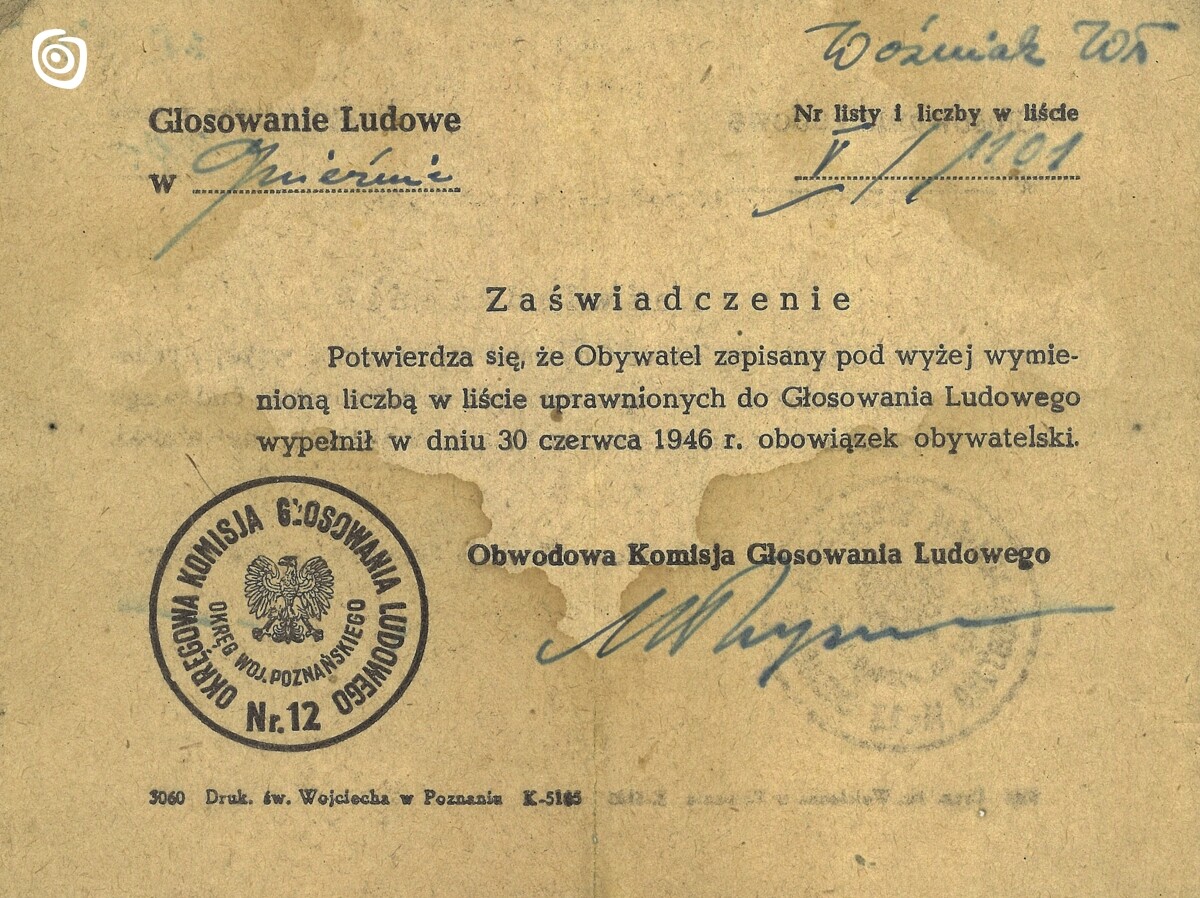 Dokument - Zaświadczenie, Gniezno, 1946 r.