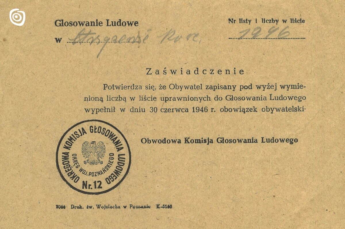 Dokument - Zaświadczenie, Strzyżewo Kościelne, 1946 r.