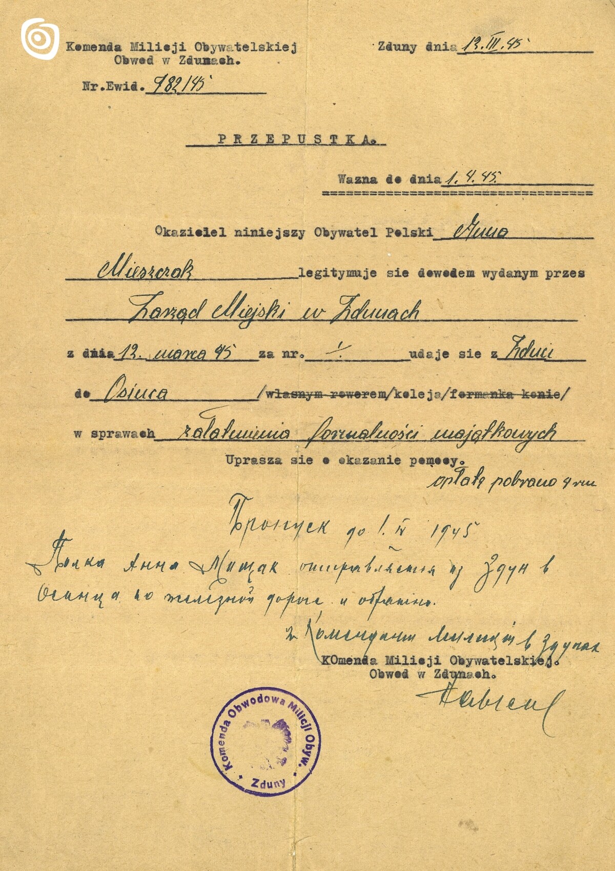 Dokument - Przepustka, Zduny, 1945 r.