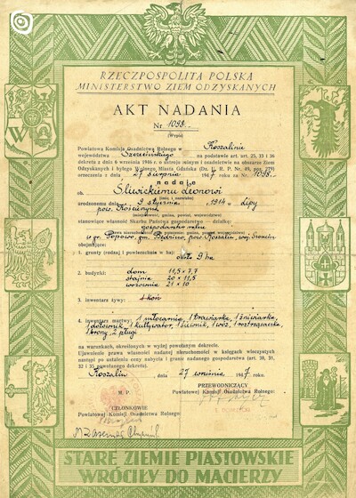 Dokument - Akt nadania, Popowo, 1947 r.