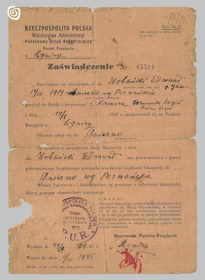 Dokument - Zaświadczenie, Legnica, 1945 r.