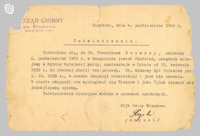 Dokument - Zaświadcznie, Kiszkowo, 1945 r.